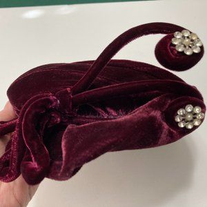 Whimsical 1940's Style Burgundy Velvet Hat with Rhinestone Details